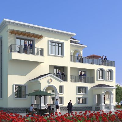 近代欧式别墅建筑，简欧别墅建筑，玫瑰花海花丛，独栋别墅，庭院，公共建筑，住宅建筑，景观小品