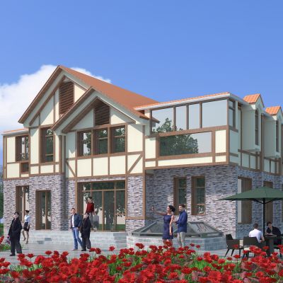 新中式别墅建筑，玫瑰花海花丛，独栋别墅，庭院，公共建筑，住宅建筑，景观小品