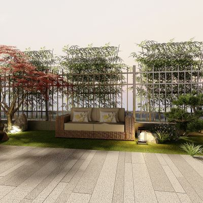 现代室外别墅露台景观花园，园艺小品，景观石，树木，护栏，室外藤椅，沙发