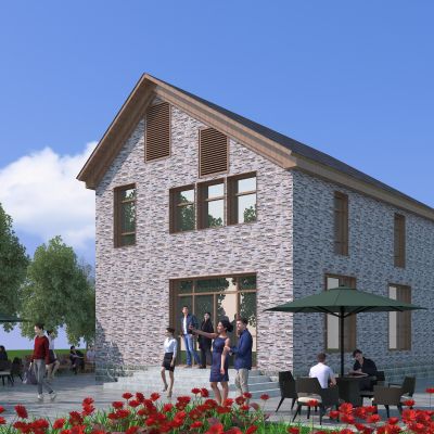 新中式别墅建筑，玫瑰花海花丛，独栋别墅，庭院，公共建筑，住宅建筑，景观小品