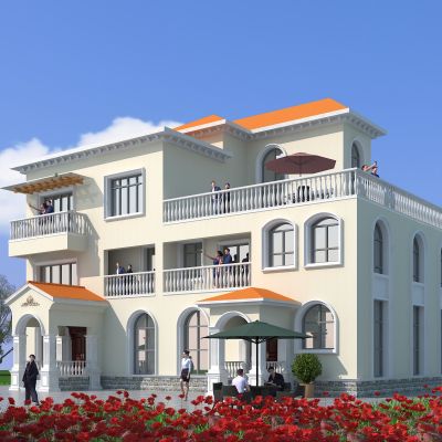 近代欧式别墅建筑，简欧别墅建筑，玫瑰花海花丛，独栋别墅，庭院，公共建筑，住宅建筑，景观小品