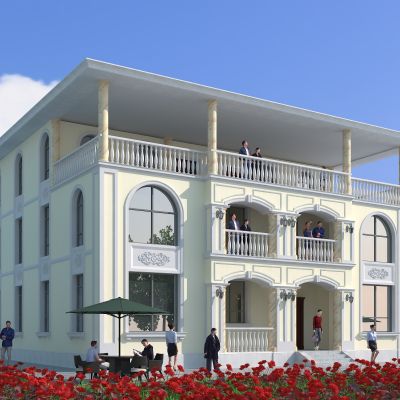 近代欧式别墅建筑，简欧别墅建筑，玫瑰花海花丛，独栋别墅，庭院，公共建筑，住宅建筑，景观小品