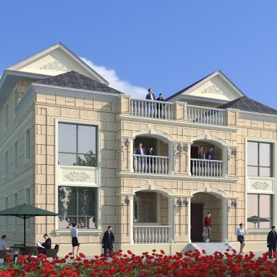 近代欧式别墅建筑，简欧别墅建筑，玫瑰花海花丛，独栋别墅，庭院，公共建筑，住宅建筑，景观小品