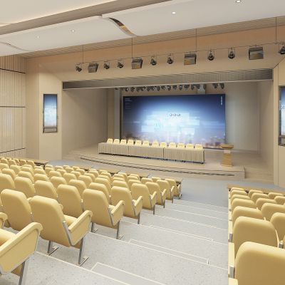 现代学校报告厅，演讲厅，演讲台，舞台，大型会议室，电子屏，观众座椅