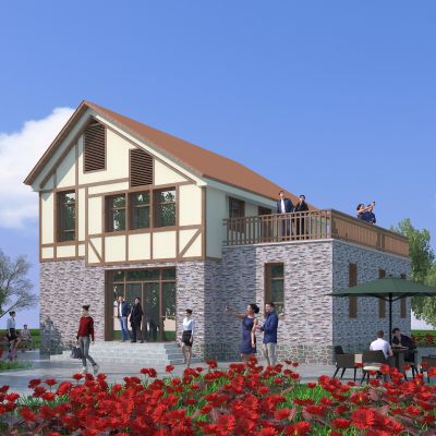 新中式别墅建筑，玫瑰花海花丛，独栋别墅，庭院，公共建筑，住宅建筑，景观小品