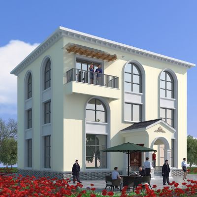 近代欧式别墅建筑，简欧别墅建筑，玫瑰花海花丛，独栋别墅，庭院，公共建筑，住宅建筑，景观小品