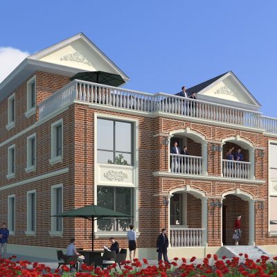 近代欧式别墅建筑，简欧别墅建筑，玫瑰花海花丛，独栋别墅，红砖洋楼，庭院，公共建筑，住宅建筑，景观小品