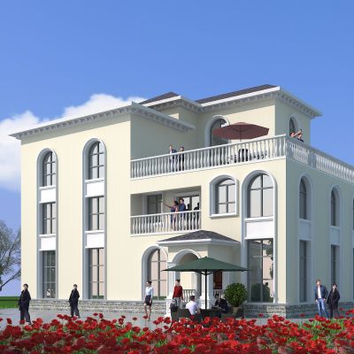 近代欧式别墅建筑，简欧别墅建筑，玫瑰花海花丛，独栋别墅，庭院，公共建筑，住宅建筑，景观小品