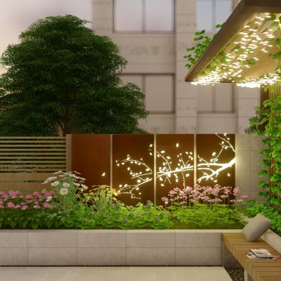 现代花园庭院景观 景墙 休闲座凳 灯具 耐候钢板