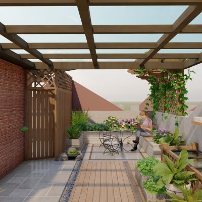 美式自然花园庭院景观 景墙 休闲座凳 灯具 汀步