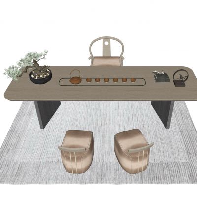 新中式茶桌椅|木质茶桌|茶具摆件|绿植盆景|木质单椅|凳子|