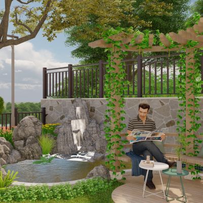 现代花园庭院景观 假山流水 休闲座凳 灯具 花架廊架 阳光草坪3D模型
