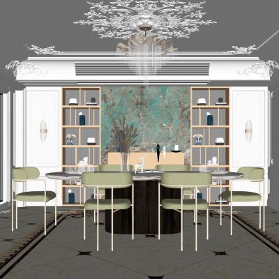 法式轻奢餐厅|石质餐桌|布艺餐椅|装饰柜|壁灯|水晶灯SU模型