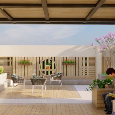 现代花园庭院景观 景墙 休闲座凳 灯具 屋顶花园 菜地 花架 洗衣区3D模型