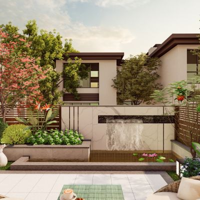 现代花园庭院景观 流水景墙 洗衣区 菜地