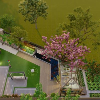 现代花园庭院景观 水池景墙 休闲座凳 灯具 阳光房 秋千