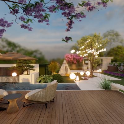 现代花园庭院景观 水池景墙 休闲座凳 灯具 帐篷 现代小品3D模型