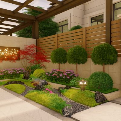 现代花园庭院景观 景墙 休闲座凳 灯具 耐候钢板 禅意花园枯山水