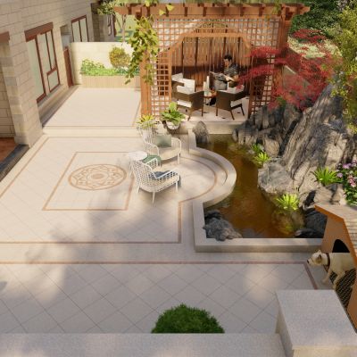 欧式花园庭院景观 假山流水 休闲座凳 灯具 廊架亭子 洗衣区