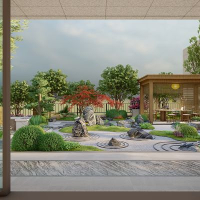 日式禅意枯山水中式花园庭院景观 廊架亭子 水池景墙 