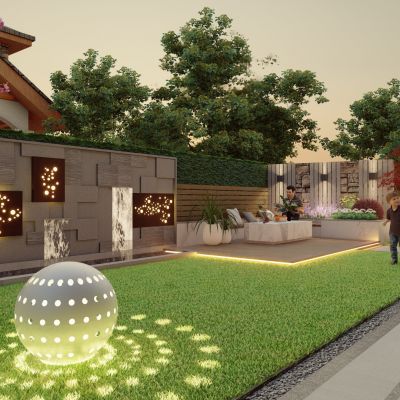 现代花园庭院景观 现代流水景墙 装饰灯具 美式建筑