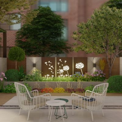 现代花园庭院景观 景墙 休闲座凳 灯具 耐候钢板 洗衣区