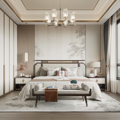 新中式卧室 床 吊灯