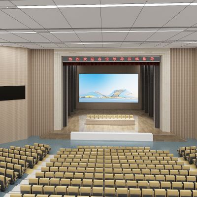 现代学校报告厅，演讲厅，演讲台，舞台，大型会议室，电子屏，观众座椅3D模型