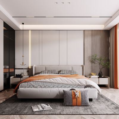 现代卧室，卧室，轻奢卧室，床，衣柜