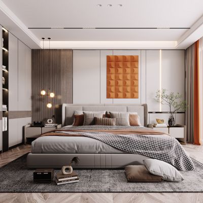 现代卧室，卧室，轻奢卧室，床，柜子