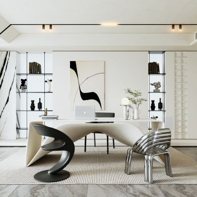 现代书房  书桌椅  书柜  装饰画  书籍摆件  饰品摆件  窗帘