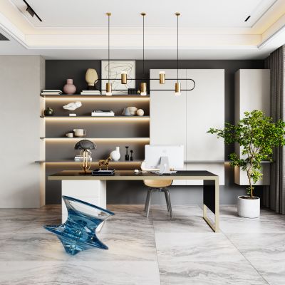 现代书房  书桌椅  书柜  装饰画  书籍摆件  饰品摆件  窗帘