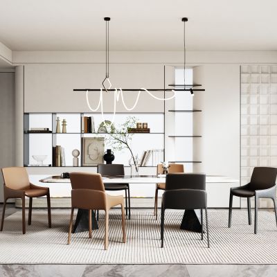 现代餐厅  吊灯  餐桌椅  装饰柜  装饰画  窗帘  地毯