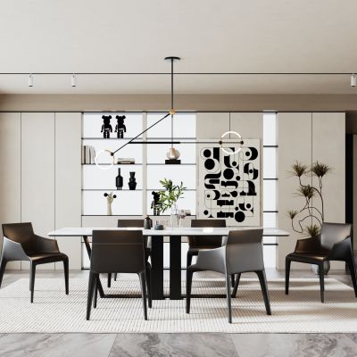 现代餐厅  吊灯  餐桌椅  装饰柜  装饰画  窗帘  地毯