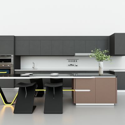 现代厨房橱柜，西厨岛台餐桌，消毒柜，橱柜，中岛台