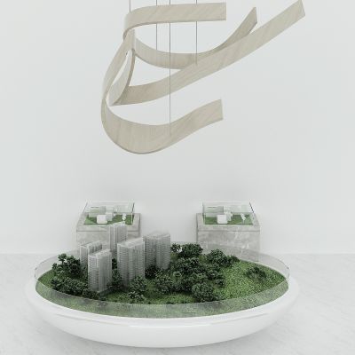 现代售楼处电子沙盘，楼盘销售中心沙盘，大厅造型吊灯，展示柜，展示台