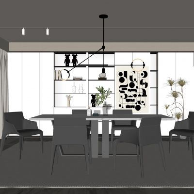 现代餐厅|长餐桌|餐椅|金属吊灯|艺术挂画|绿植盆栽|装饰柜|暴力熊摆件|书籍