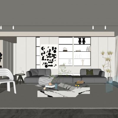 现代客厅|皮质休闲沙发|亚克力单椅|绿植盆栽|靠枕|异形茶几|水生绿植|艺术挂画|装饰架|书籍摆件|边几