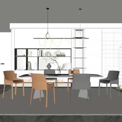 现代餐厅|长餐桌|餐椅|金属吊灯|书架|书籍摆件|餐桌摆件|落地灯SU模型