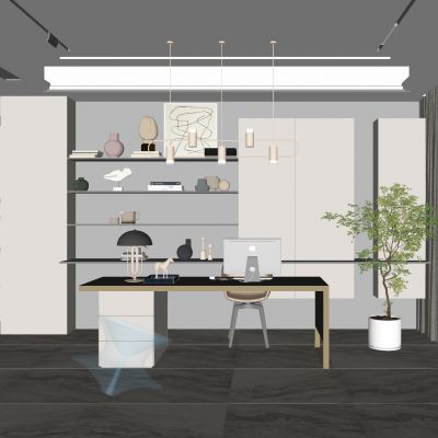 现代书房|实木书桌|金属吊灯|螺旋椅|装饰架|陶瓷器皿