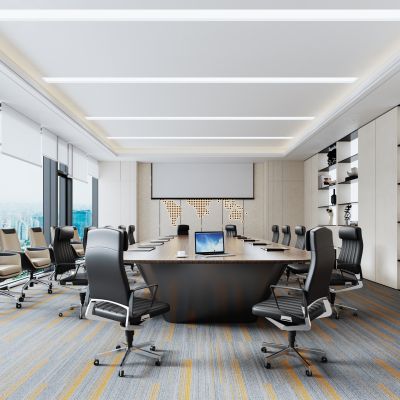 现代会议室  会议桌椅  绿植  文件柜  投影幕
