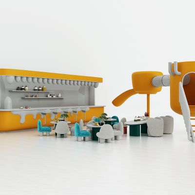 现代幼儿园娱乐设施，儿童乐园，儿童服务台，休息区，儿童桌椅，吧台，滑滑梯