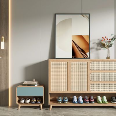 现代实木藤编鞋柜