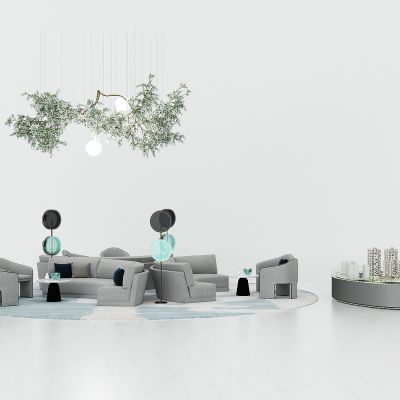 现代售楼处洽谈区，休闲沙发茶几组合，异形沙发椅，弧形沙发，吊灯，圆形沙盘