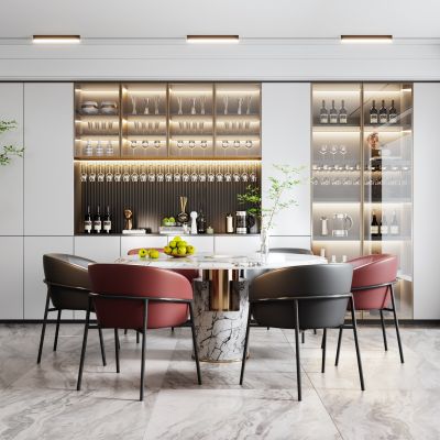 现代餐厅  餐桌椅  酒柜  窗帘  绿植
