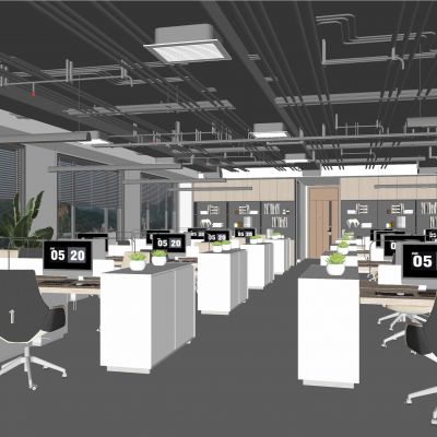 现代办公区|实木办公桌|办公椅|电脑|长吊灯|实木文件柜