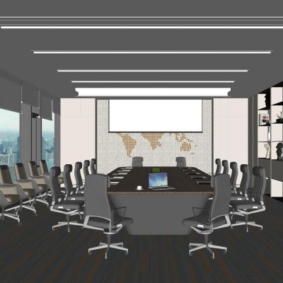 现代会议室|多人会议桌|办公椅|幕布|装饰柜