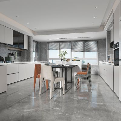 现代轻奢家居餐厅，敞开式厨房，橱柜，餐桌岛台，冰箱一体柜，烤箱柜，吊地柜