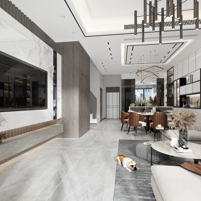 新中式跃层客餐厅，岩板柜电视背景墙，沙发茶几组合，餐厅酒柜，餐桌，楼梯