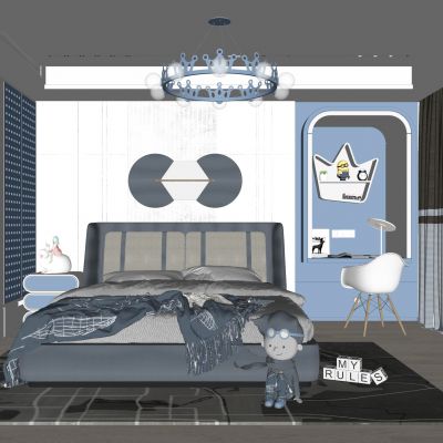 现代儿童房|双人床|书桌椅|单椅|儿童吊灯|衣柜